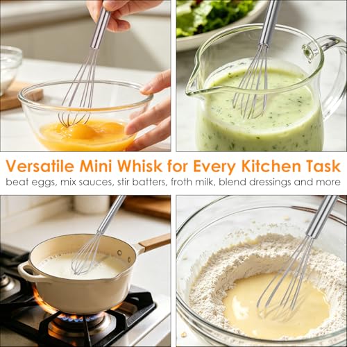 Image of HOTEC 10 Inch Mini Whisk Anti-Rust 304 Stainless Steel Small Whisks for Cooking, Baking, Mixing Ingredients & Deep Containers
