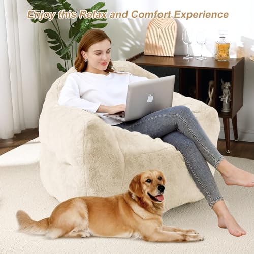 Image of GarveeHome Bean Bag Chair, 39 inch Bean Bag Chairs for Adults Kids, Soft Beanbag Chair with Filler Included, High-Density Foam Bean Bag Sofa Chair with Armrests for Reading, Beige