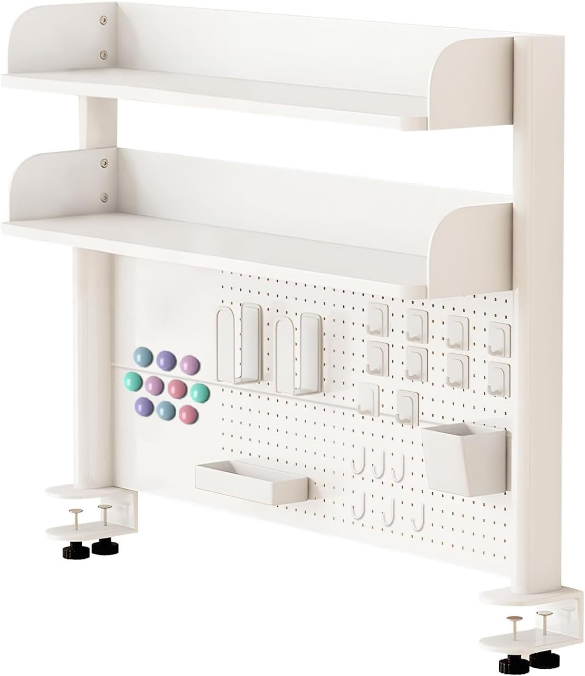 Clamp On Desk Organizer Shelf, White Desktop Bookshelf Storage Shelves with Pegboard Desktop Shelving System for Home Office Dorm Gaming Desk (60cm/23.6in)
