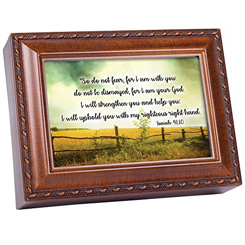 Cottage Garden Do Not Fear for I Am with You Caja de música para joyas, diseño de grano de madera
