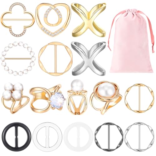 Image of Hoteam 16 Pcs Scarf Ring Clip Tshirt Tie Clips for Women Fashion Metal Round Circle Buckle Clothing Ring Wrap Holder with 1 Storage Bag