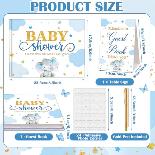 Image of Fuyoooo 27 Pcs Blue Elephant Themed Baby Shower Guest Book Set Baby Shower Sign in Guest Elephant Book Place Table Cards with Gold Pen Adhesive Photo Corner for Birthday Party