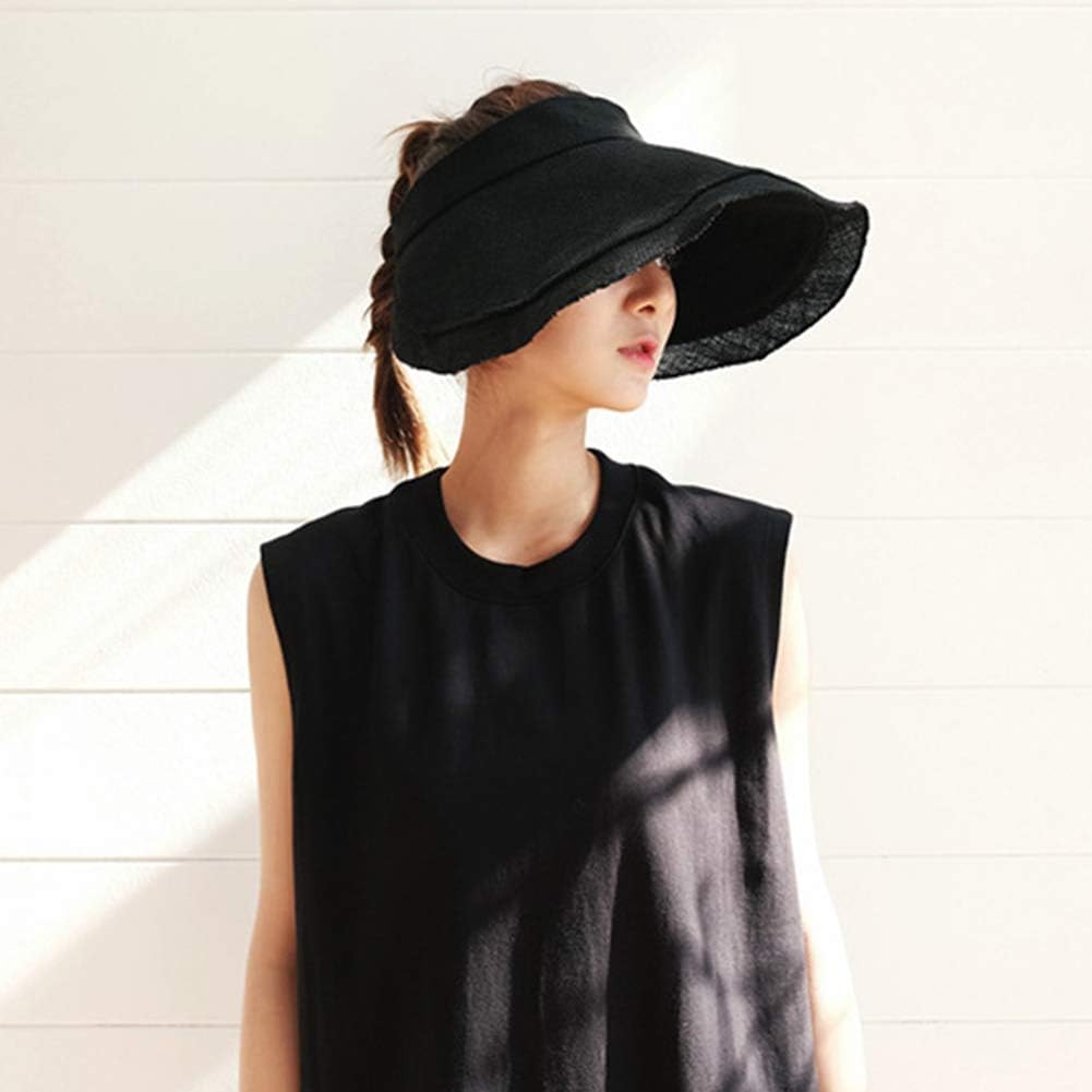 Women's Visor Ruffle Wide Brim UV Protection Sun Hat Roll-up Packable Cotton Linen Summer Beach Visor Cap Adjustable