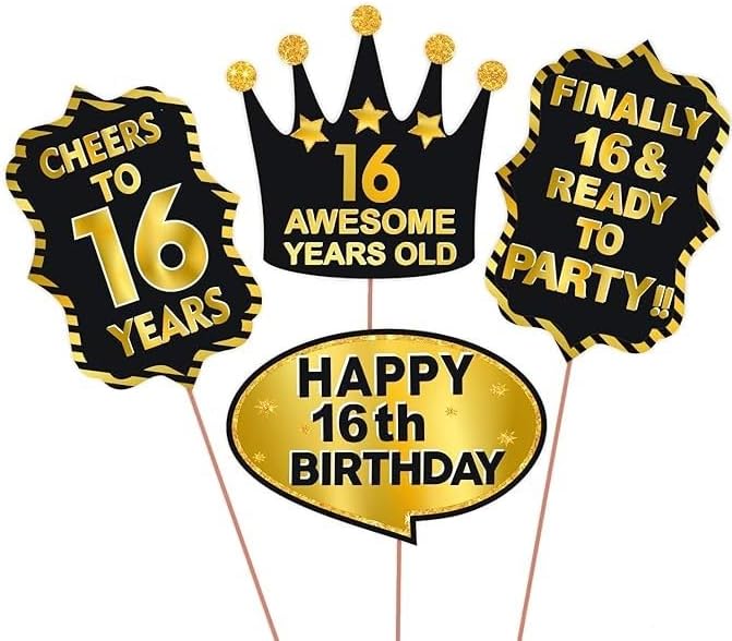 Generic 16th Birthday Photo Booth Party Props, Birthday Party Decoration, Birthday Party Item (Pack of 1) Colour : Black & Golden