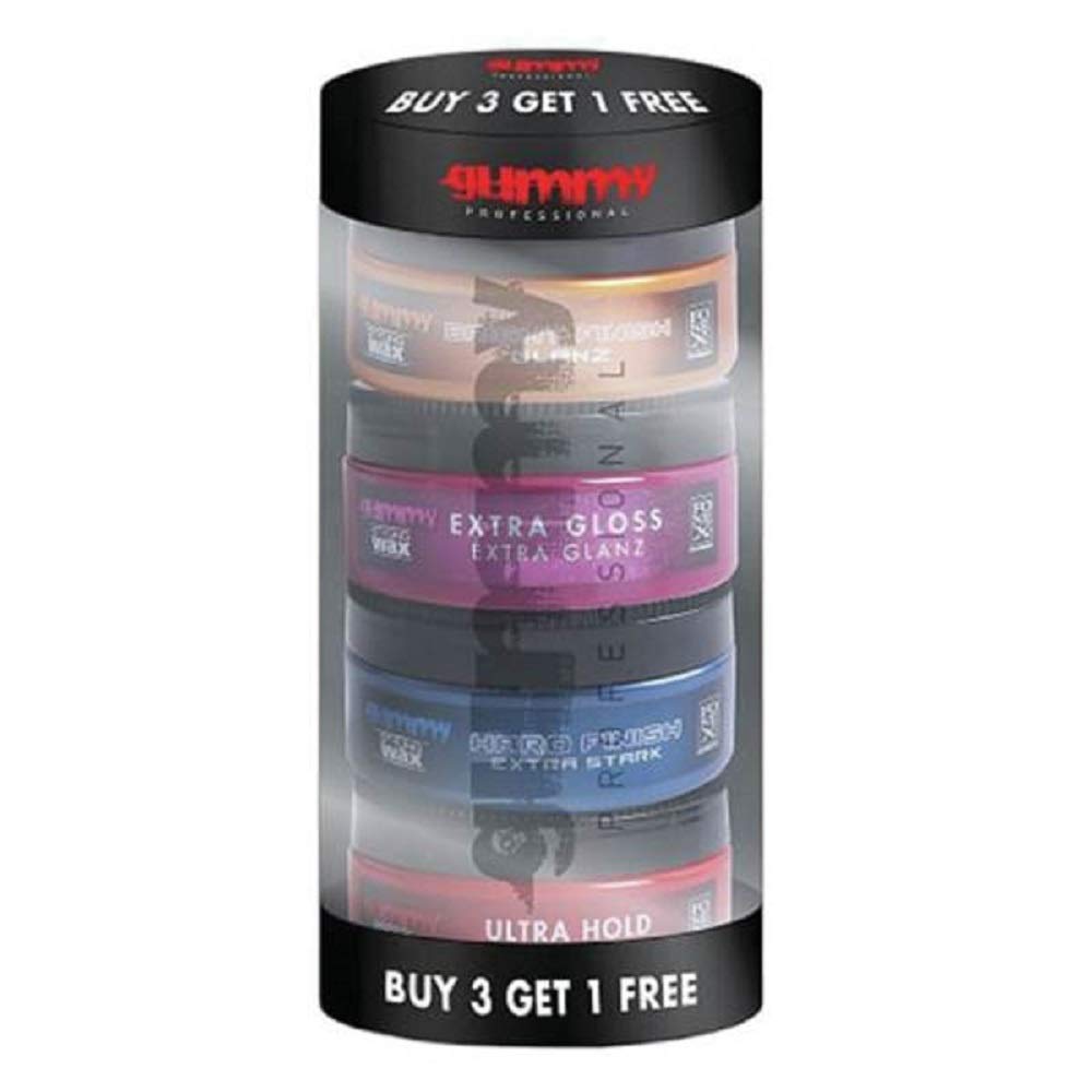 Amazon.com : Gummy Professional Hair Styling Wax Buy 3 get 1 Free Combo  Pack - Bright Finish, Extra Gloss, Hard Finish, Ultra Hold - 150 ml / 5 oz  each : Beauty & Personal Care