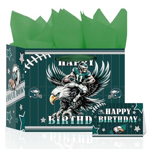 TAKEALOOKO Large Football-themed Birthday Gift Bag - Rugby Candy Bags with Handles Greeting Card and Soft Papers for Men Boys Kids Teens Football Fan Game Time Party Decor