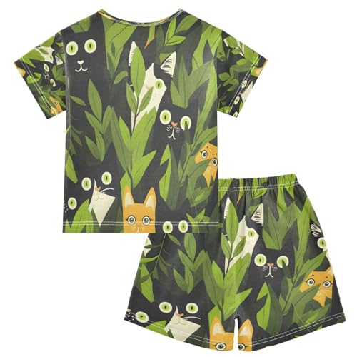 senya Short Sleeve Pajamas Sets Summer Cotton Sleepwear Black White Cat Grass2
