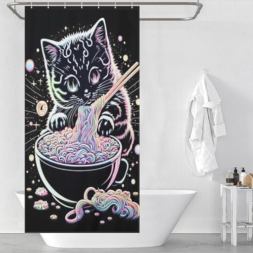 Rideau de douche chat imperméable et lavable en machine avec 12 crochets