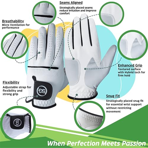 Miniatura 4 de H-Cube Sg Golf - Guantes Sintéticos Para Todo Tipo De Clima, Piel Cabretta, Pulgar Y Pulgar Tamaño Grande, Para Hombre, 5 L, Mano Izquierda , Color Blanco