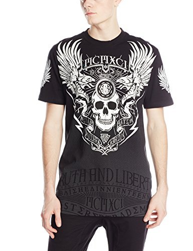 Southpole Men's Foil and Screen Print T-Shirt with Skulls Wings and Lightninig