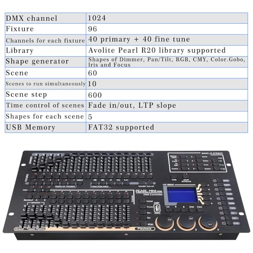 Professioneller DMX512-Bühnenbeleuchtungscontroller, Mini Pearl Bühnenlicht-Konsole, 1024 Kanäle, 96 Leuchten, 60 Szenen, USB R20-kompatibel