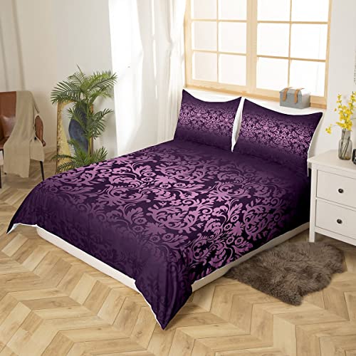 Homewish Damask Bedding Sets Double Size, Deep Purple Ombre Floral Duvet Cover Sets for Adults Women, Bohemian Paisley Damask Comforter Cover, Violet Victorian Baroque Bedding & Linen 3Pcs - Image 3