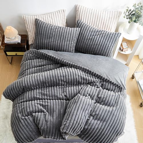 Image of Fluffy Duvet Cover Queen Size Ultra Soft Faux Fur Bedding Set Grey Winter Warm Vertical Striped Comforter Cover Set 3 Pcs Warm Fuzzy Bed Sets Luxury Plush Bed Sets with 2 Pillow Shams
