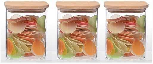Glass Storage Jars with Bamboo Lids, 220ml Kitchen Containers for Coffee, Tea, Spices, Herbs, Clear, Airtight Seal, Set of 3 (Square-220ML)