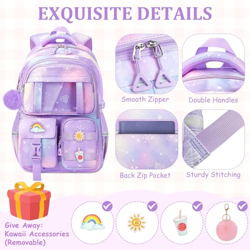 School Backpack for Girls - 5pcs Cute Girls Backpack with Lunch Box for Teens Kids Elementary Middle School - 17″ Students Bookbag Travel Back Pack for Age 6-184