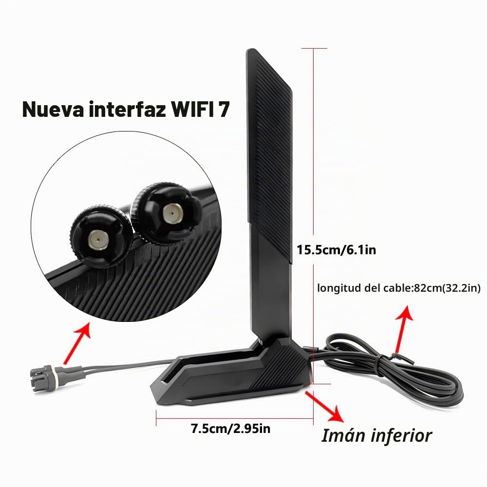 Gintai Antena WiFi 7 para ASUS ROG Crosshair X870E/STRIX B850 B860 X870 Z790 Z890/ Maximus Z890 Z790 WLAN Amplifiers WiFi 7 Tri-Band 12dBi Bluetooth 5.4, Base magnética (Negro)