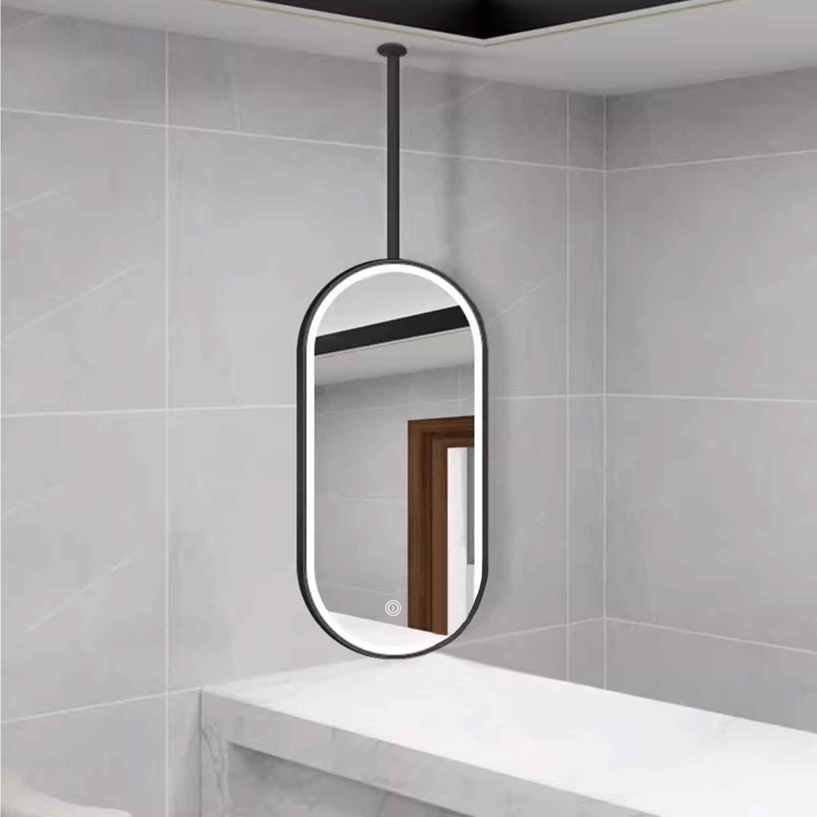 FGXHHS Oval Ceiling Hanging with LED Lights, Suspended Black Metal Frame Makeup Vanity Mirrors(40cmx70cm)