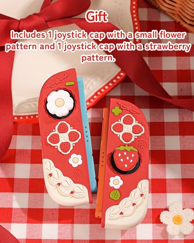 Image of GeekShare Strawberries with Cream Case Compatible with Switch 2, Slim Separable Soft Silicone Protective Shell with 2 Thumb Grip Caps -- Red