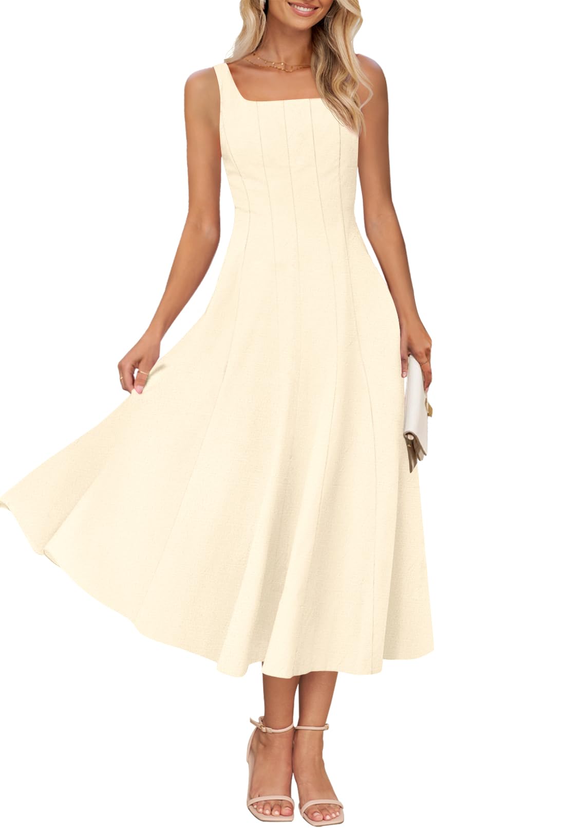MEROKEETY Women's 2026 Summer Sleeveless Midi Dress Square Neck Smocked Flowy A Line Beach Dresses