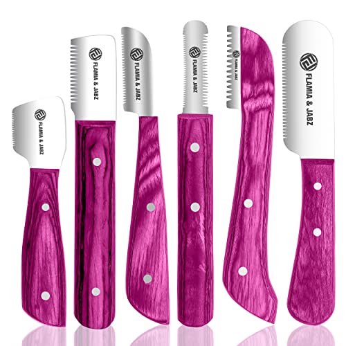 FLAMIA & JABZ FJ Professional Stripping Knife kit (6 pieces set) for Dogs & Pets, Wooden Handle Grip with Stainless Steel Blade (Right handed) (Pink)