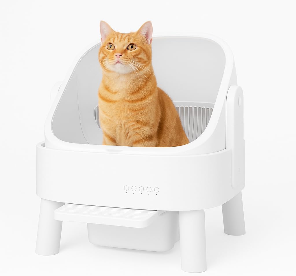 Self Cleaning Cat Litter Box, Automatic Open Top Litter Box for Multiple Cats, Large Capacity with APP Control, Safety Sensors, Odor Control, Liners and Mat Included, White