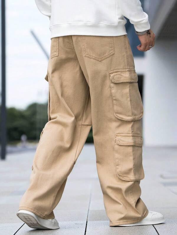 Image of Men's 8 Pocket Cargo Pants | Premium Cotton Twill Baggy Fit Trousers | Stretchable Casual Streetwear Cargos | Mid Rise