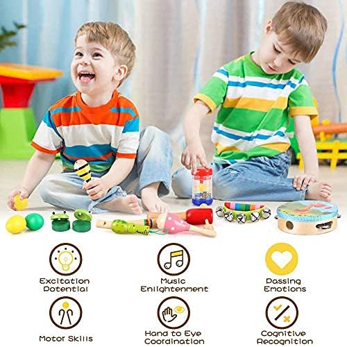 Veluoess Wooden Musical Toys, 23 PCS Musical Instrument Set for Toddlers with Cute Storage Backpack Tambourine Maracas, Percussion Instruments Toys Early Educational Toys Gifts for Boys and Girls 3+