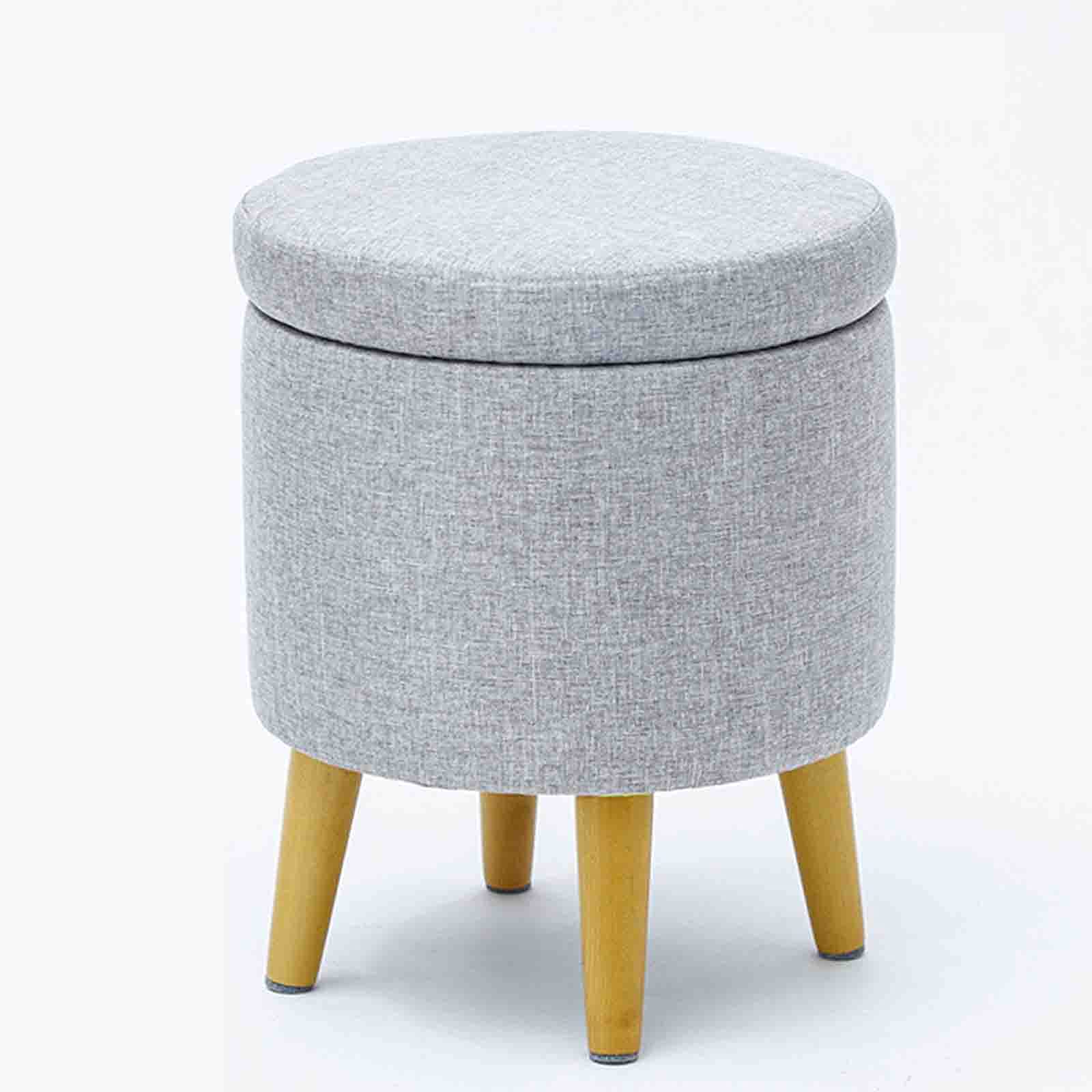 Repose-Pieds de Rangement Gris Clair, Pouf Rond Tissu Lin et Bois