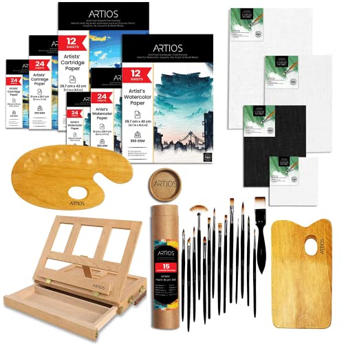Image of ARTIOS Painting Kit for Artists - 142pcs Painting Set for Adults and Kids with Premium Desk Easel, Paintbrush Set, Mixed Media Cartridge Papers, Watercolor Papers, Canvas Boards, and Wooden Palettes