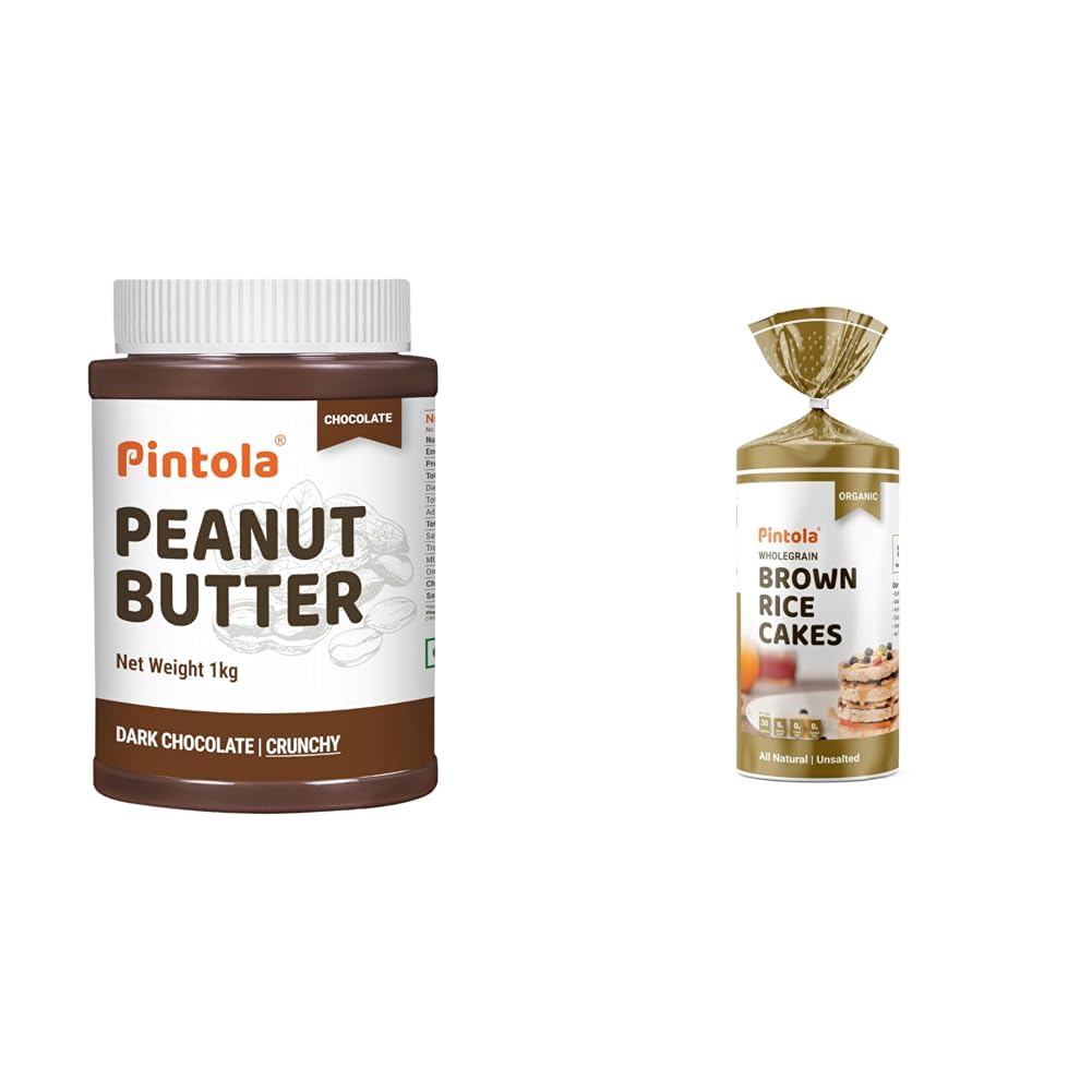 pintola choco spread peanut butter (crunchy) (1kg) & pintola organic wholegrain brown rice cakes (all natural, unsalted), 125 g