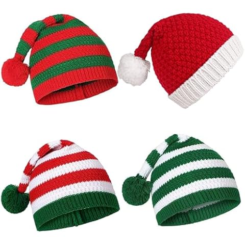 4 Pack Santa Hat for Adults and Kids - Christmas Hats for Women and Men, Knitted Winter Hat for Xmas Party,Skull Cap Cute Crochet Beanie with Pom,Holiday Party favors and Gifts for Friends and Family Cover