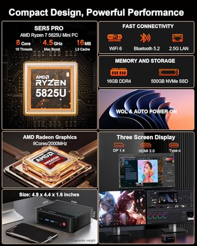 Image of Beelink Mini PC SER5 Pro, AMD Ryzen 7 5825U (Up to 4.5GHz), 16GB DDR4 RAM 500GB SSD, Radeon 8CUs Graphics, WiFi 6 / BT5.2 / DP+USB-C+HDMI 4K Triple Display / USB3.2 /2.5G LAN Home /Office Desktop Computer