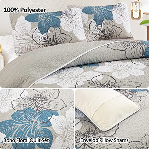 Drucon Floral Quilt Set Queen 3 Pieces Boho Blue Floral Quilt Coverlet Set Soft Microfiber Lightweight Grey Quilted Bedspread For All Season 90"X96" #TOP4
