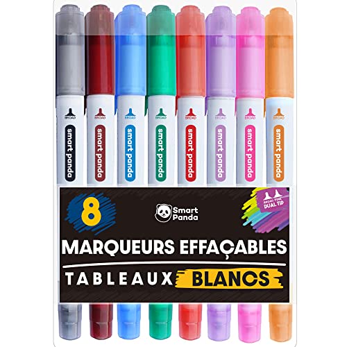 Marqueurs pour Tableaux Blancs par SmartPanda – Double Pointe, Médium et Fine – Effaçable à sec, Parfait pour une Utilisation à la Maison, au Bureau ou à l’ École – Pochette de 8 Couleurs (8)