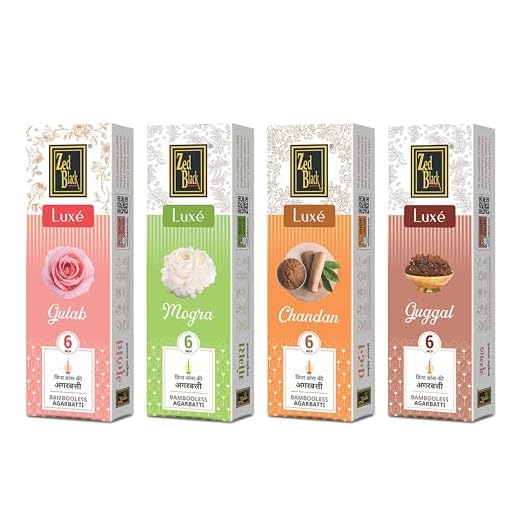 Zed Black Bamboo Less Incense Sticks – Luxe Series - Pack of 4 Incense Sticks, Good Vibes Pack (Approx 70 Agarbatti Sticks | 4 Fragrances -Chandan, Gulab, Guggal and Mogra) (377 GM)