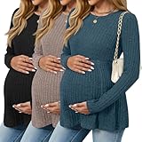 JoyMotion 3 Pack Women's Maternity Shirts, Ribbed Long Sleeve Pregnancy Sweaters Tunic Pleated Tops Crew Neck Casual Blouses(Peacock Blue, Coffee, Black,Medium)