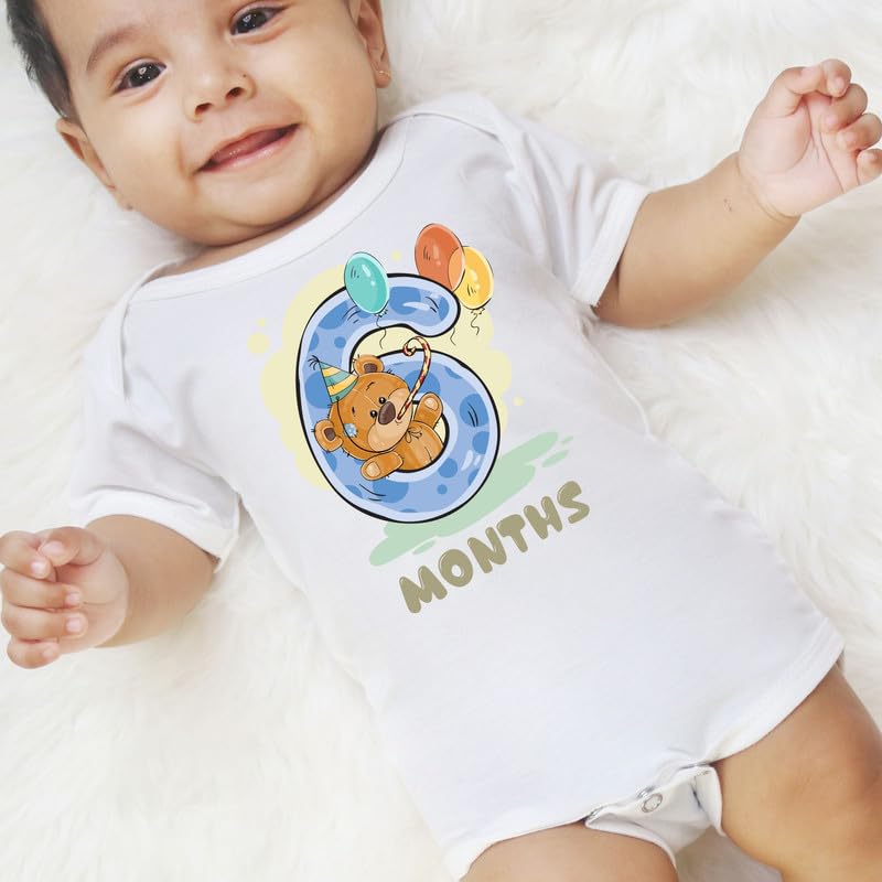 Image of Knitroot Monthly Birthday Teddy Special, Newborn Baby Half Sleeve Unisex Romper, Onesies, Sleepsuit, Body Suit, Envelope Neck, 1 to 12 Months Print, 0-12 Months, Infant Cloth for Boys & Girls