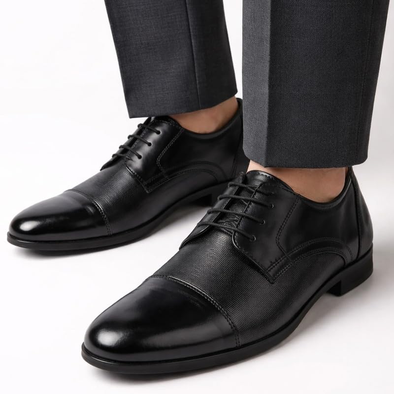 Image of FAUSTO Men's Formal Office Textured Cap Toe Genuine Leather Lace Up Shoes