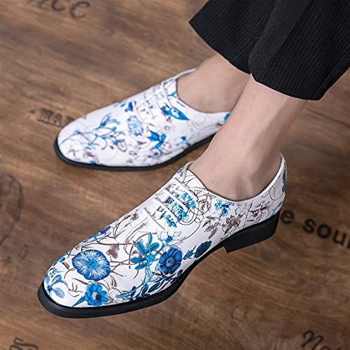 Formal Shoes for Men Lace Up Round Toe Blue Flower Vegan Leather Low Top Non Slip Resistant Party(10 M US)4