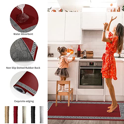 Queener Home Simple Geometric Black And White Border Kitchen Rugs And Mats Set Of 2, Washable Floor Doormat Comfort Area Runner Rug Non-Slip Rubber Backing For Indoor Burgundy Red #TOP5