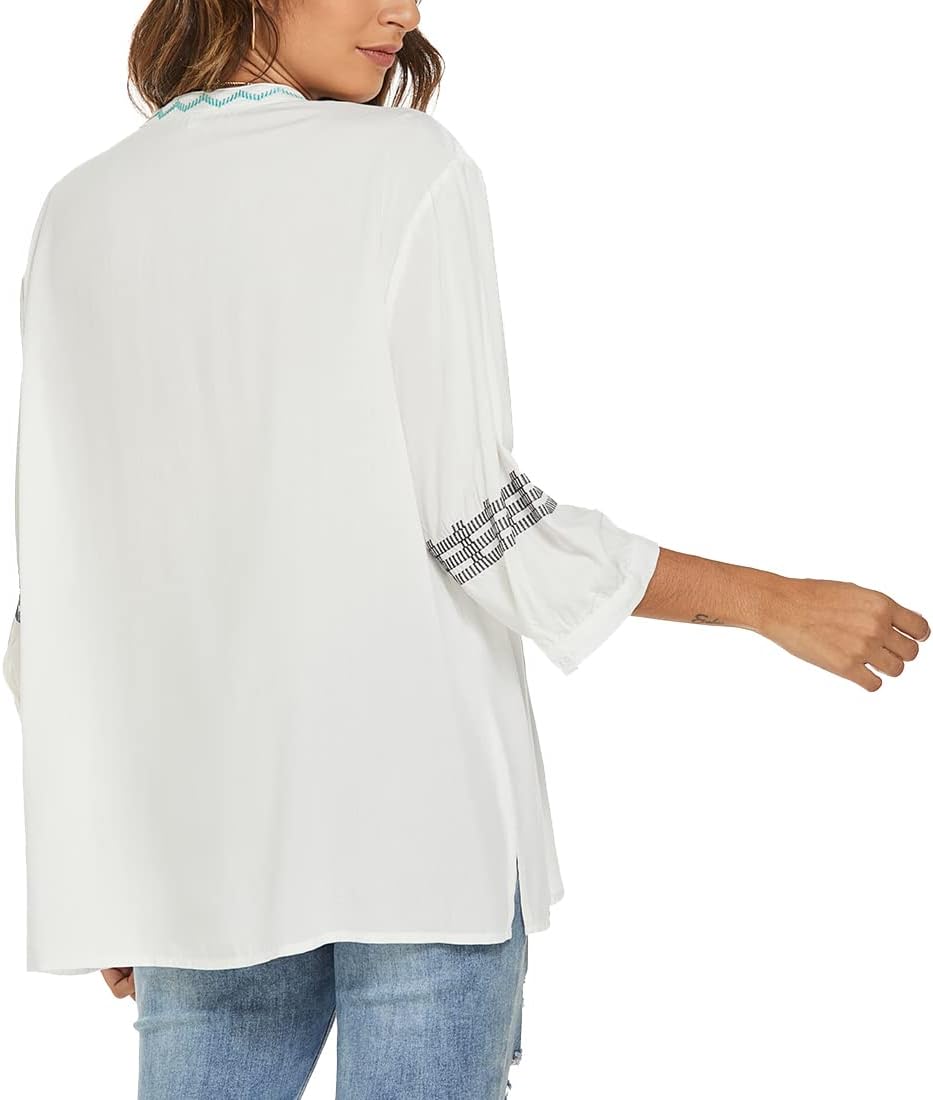 AK Embroidered Tops for Women 3/4 Sleeve Bohemian Mexican Floral Peasant Shirts Loose Tunic Blouses - Image 4