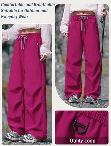 Image of FEOYA Waterproof Pants Women Light Rain Pants Parachute Drawstring Cuffs | Elastic Drawstring Waist,Zipper Large Pockets,Quick-Dry Water-Repellent Baggy Cargo Pants,Camping Hiking Pants Travel Casual