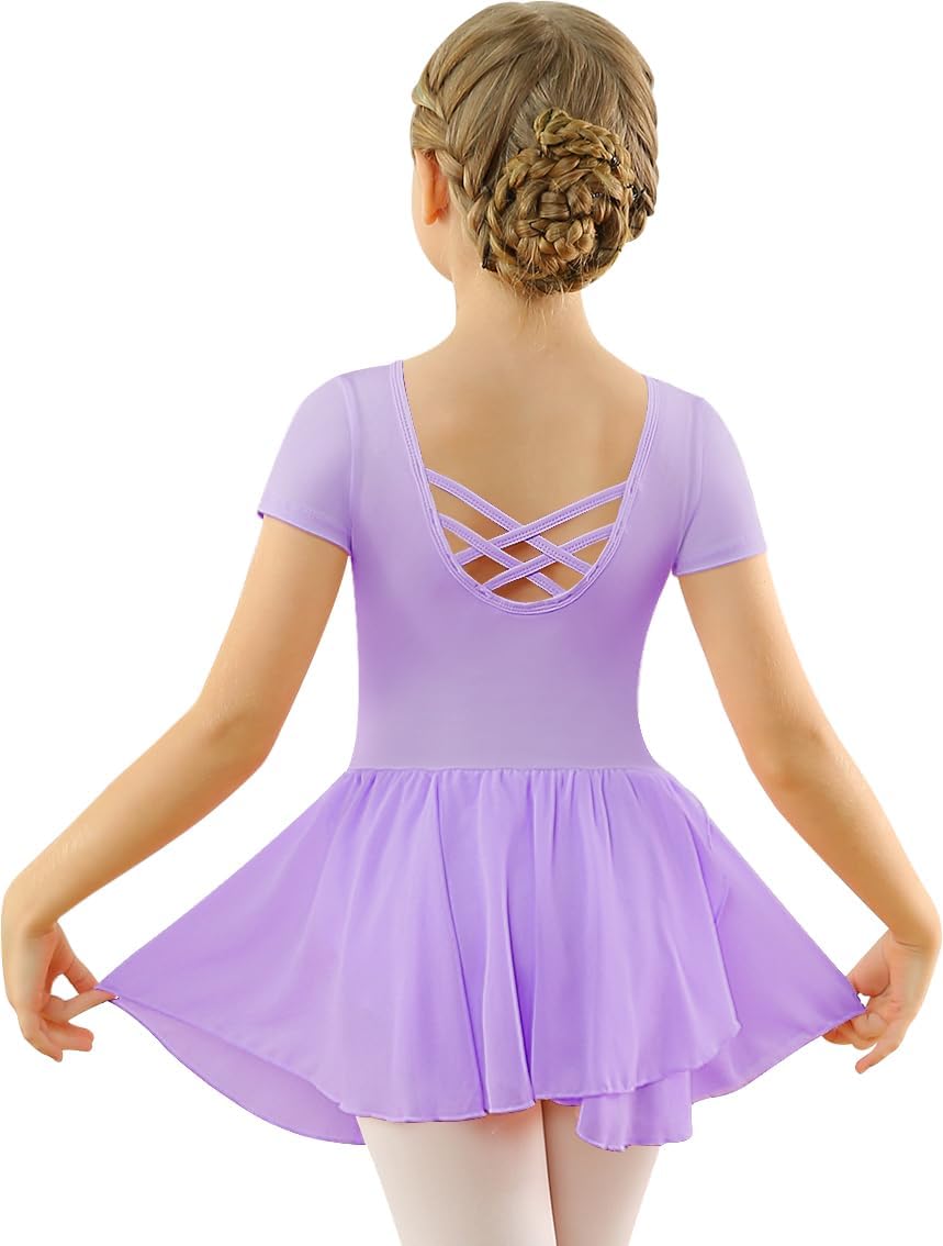 Mulnall Ballettkleid Mädchen Ballett Kleid Kurzarm Langarm Criss Cross Baumwolle Balletttrikot Gymnastik Kinder Tanzbody mit Rock Tütü Kostüm Tanzbekleidung 2-12 Jahre