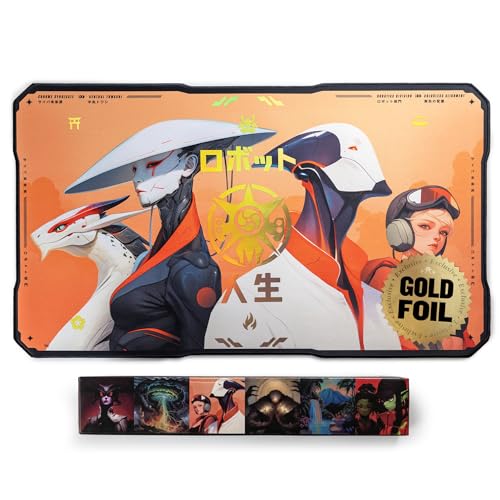 Alfies! Gold Foil Accents Playmat | Chrome Syndicate | Perfect Trading Card Gift | Futuristic Custom Shape | Compatible with Magic | MTG playmat