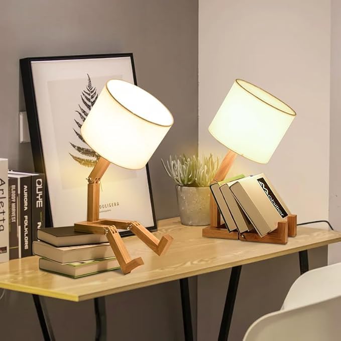 Roboter Schreibtischlampe Set von 2,Nette Nachttischlampe für Schlafzimmer,Holz kreative Tischlampe,Einstellbare Form Nachttisch Spaß Funky Lampe,DIY Spaß Roboter Lampe für Schlafzimmer