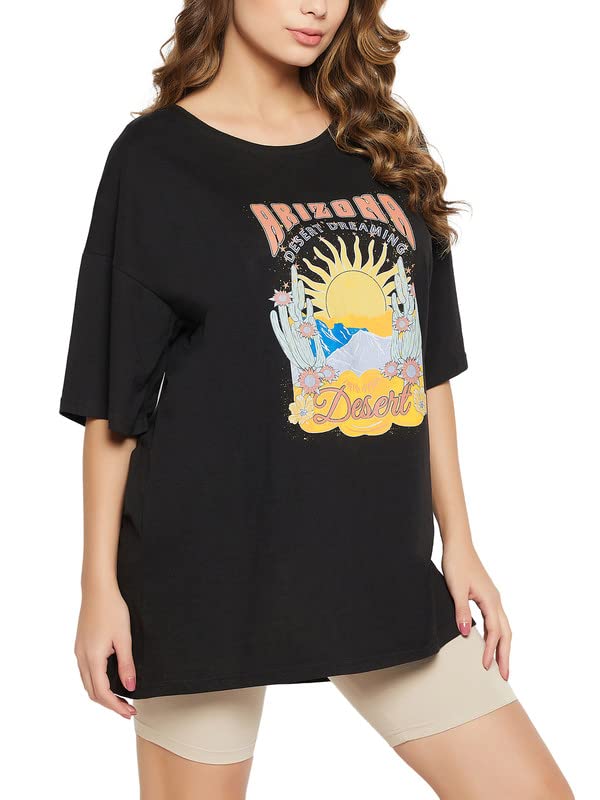 Image of Clovia Women's Cotton Graphic & Text Print Oversized T-Shirt
