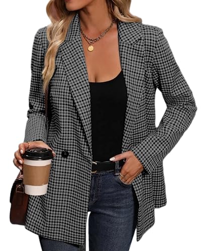 Mina Self Womens Blazer Plaid Blazer Womens Blazers Jackets Blazers for Work Professional Open Front Business Casual Clothes for Women Work Office Blazer Jacket Gray 0M