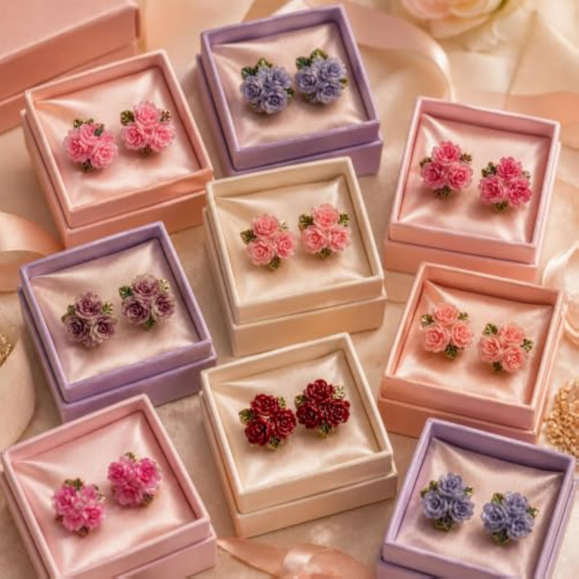 Women's Rose Flower Cluster Stud Earrings, Multicolor Resin