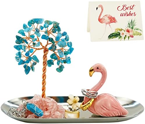 Carselage Flamingo Ring Holder for Jewelry, Blue Apatite Crystal Ring Dish Earring Organizer Trinket Small Tray Key Bowl Lion Latch, Teen Girls Trendy Cute Stuff for Christmas Gift