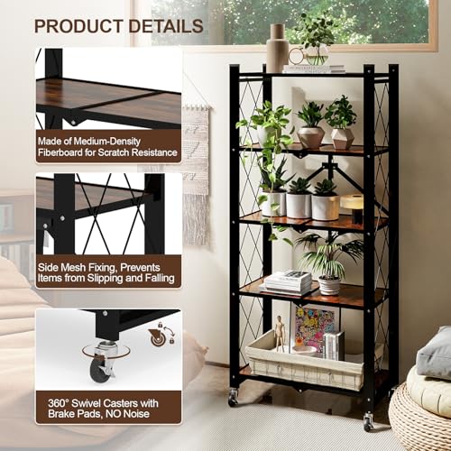 Image of 5 Tier Folding Shelf with Wheels, Wood and Metal Bookshelf